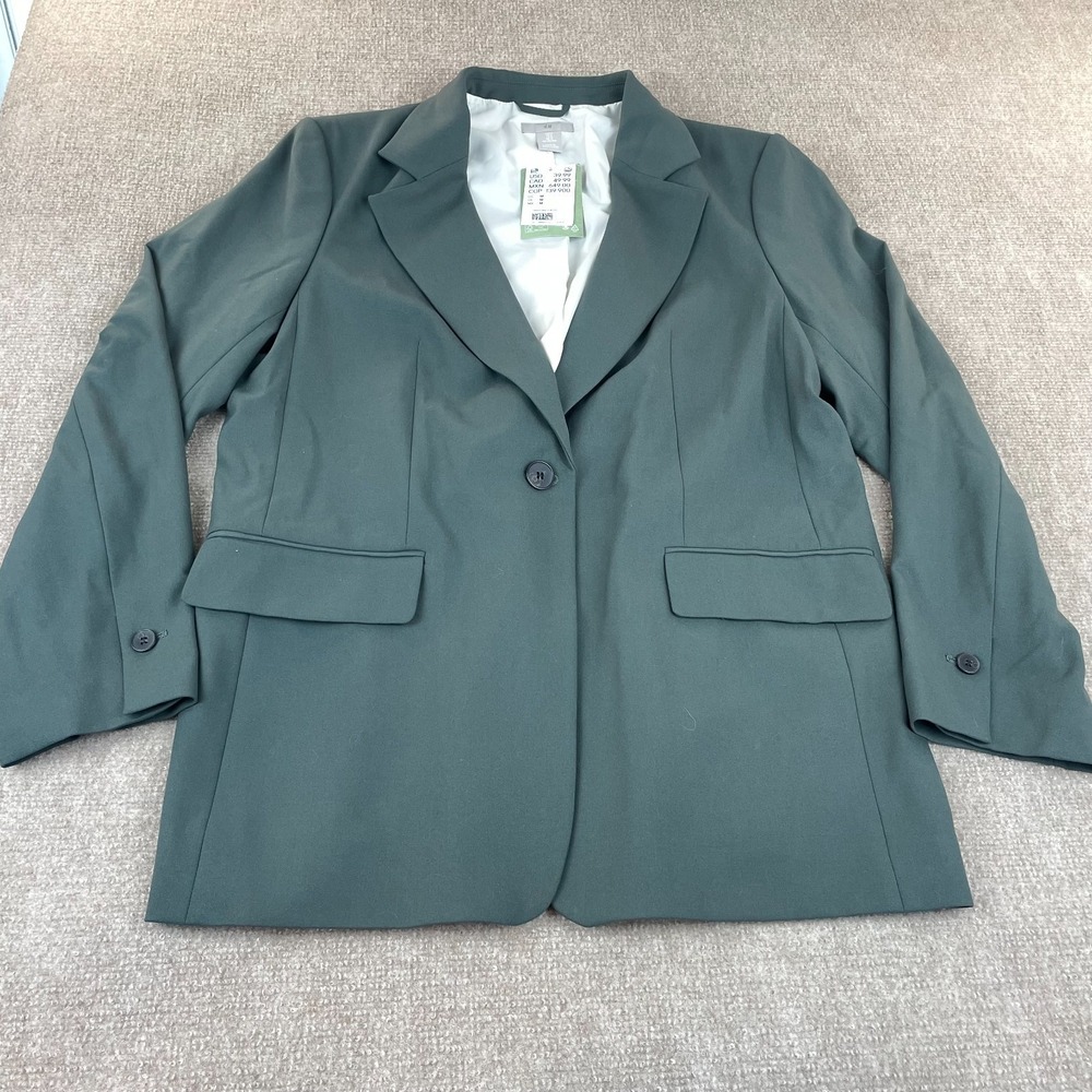 H&M Blazer Jacket Womens Medium Green Stretch Notch Lapel Business Office Wear